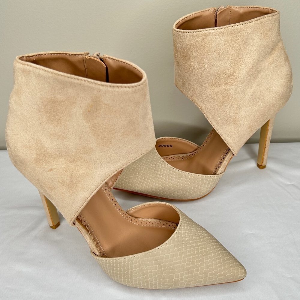 Beige Snakeskin Faux Suede Pointed Toe Ankle Wrap Stiletto Pumps 8